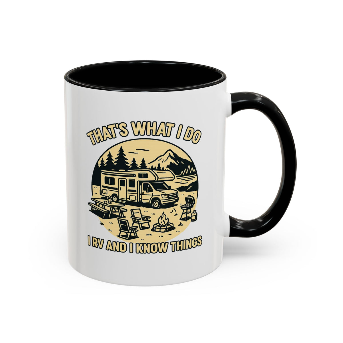 Thats What I Do I RV and I Know Things ceramic RV mug with a Class C parked lakeside with mountains and camping gear