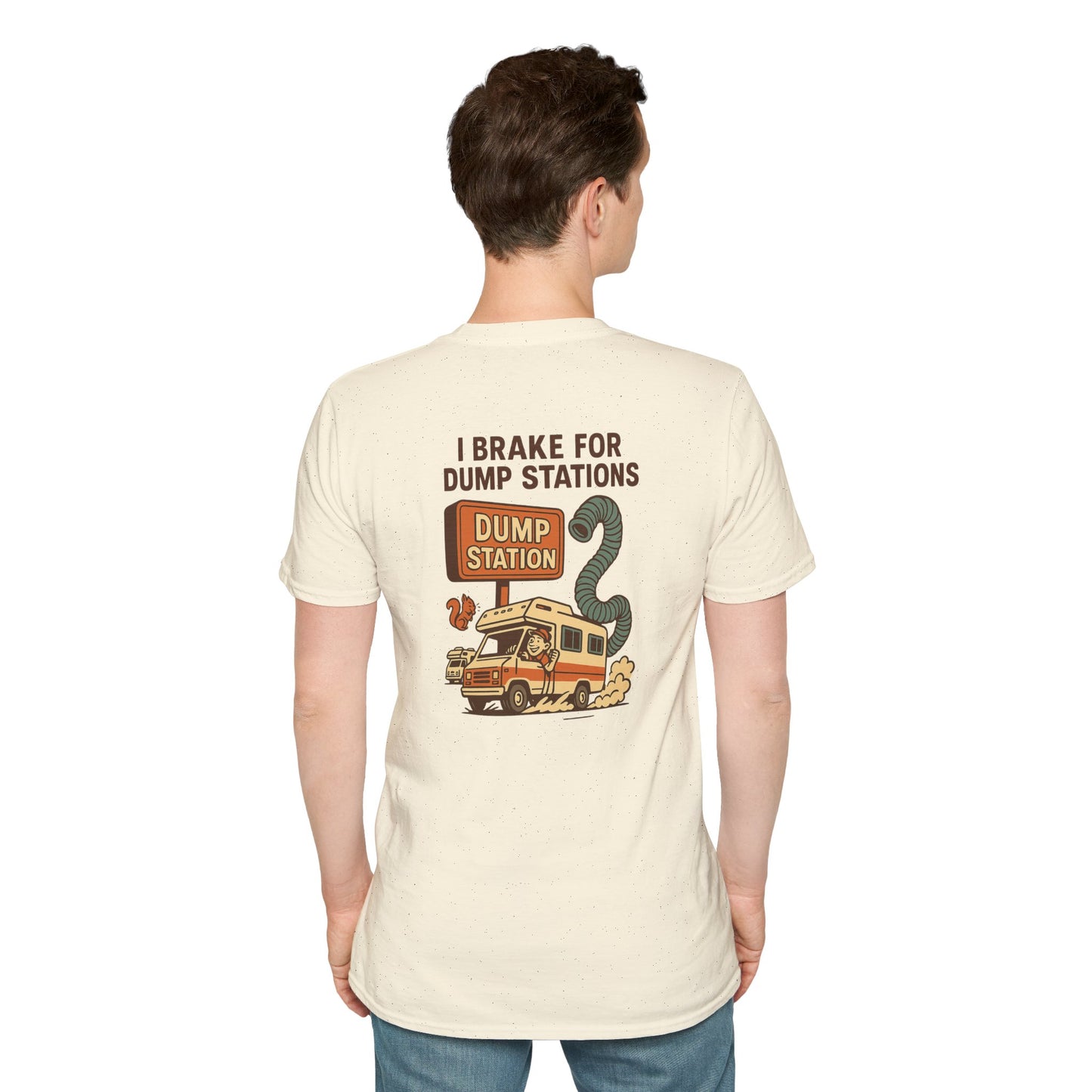 I Brake for Dump Stations – Funny Retro RV T-Shirt with Pocket Logo