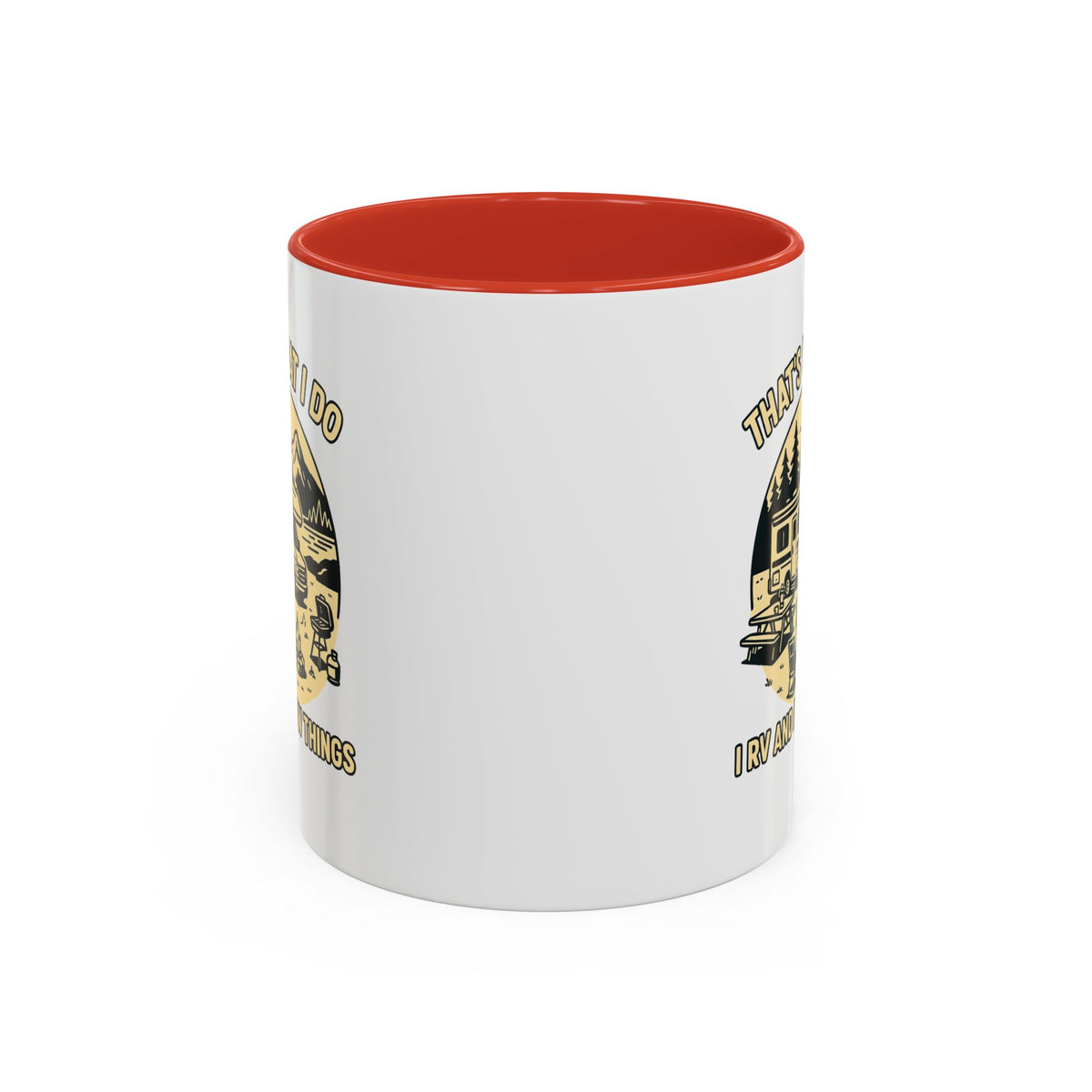 Thats What I Do I RV and I Know Things ceramic RV mug with a Class C parked lakeside with mountains and camping gear