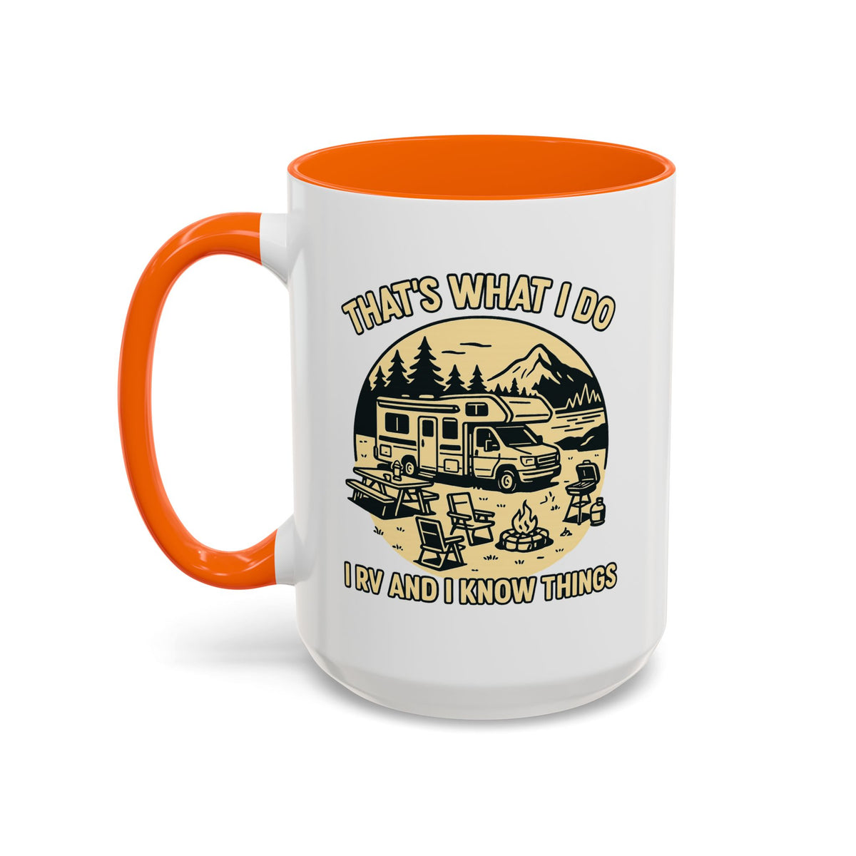 Thats What I Do I RV and I Know Things ceramic RV mug with a Class C parked lakeside with mountains and camping gear