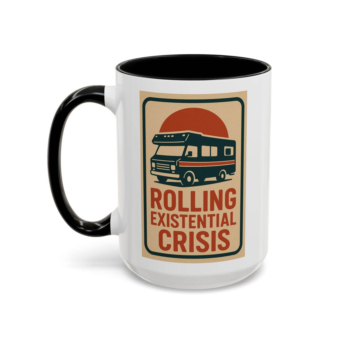 Rolling Existential Crisis RV Mug – Retro Camper Life Humor for Nomads, Vanlifers, and Burnt-Out Travelers