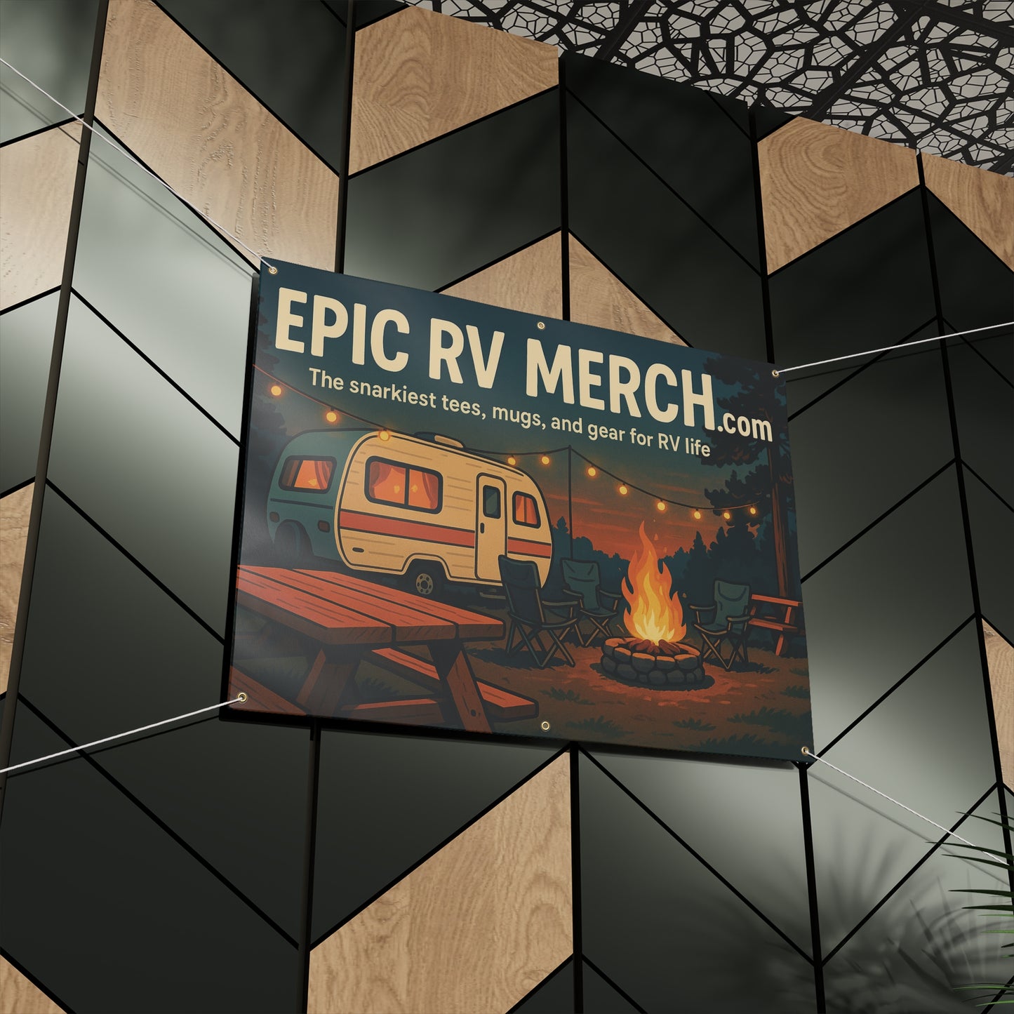 Epic RV Merch Campfire Scene Banner – 48x36 Horizontal