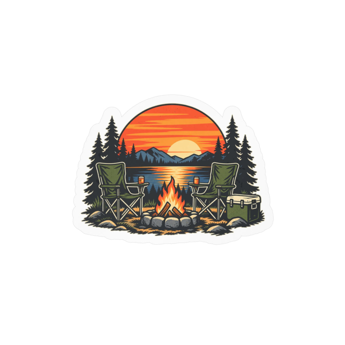 Campfire Sunset Badge vinyl sticker with two camp chairs around a campfire by a lake at sunset