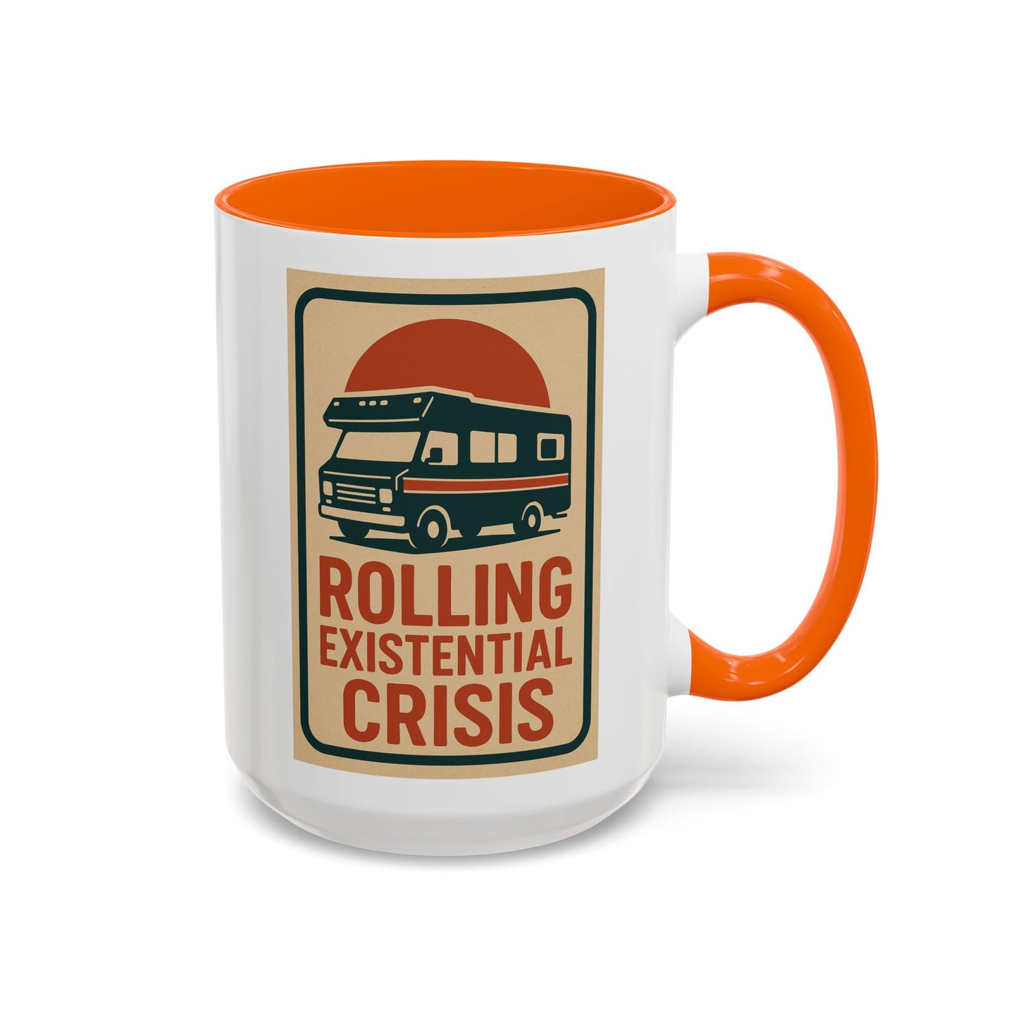 Rolling Existential Crisis RV Mug – Retro Camper Life Humor for Nomads, Vanlifers, and Burnt-Out Travelers