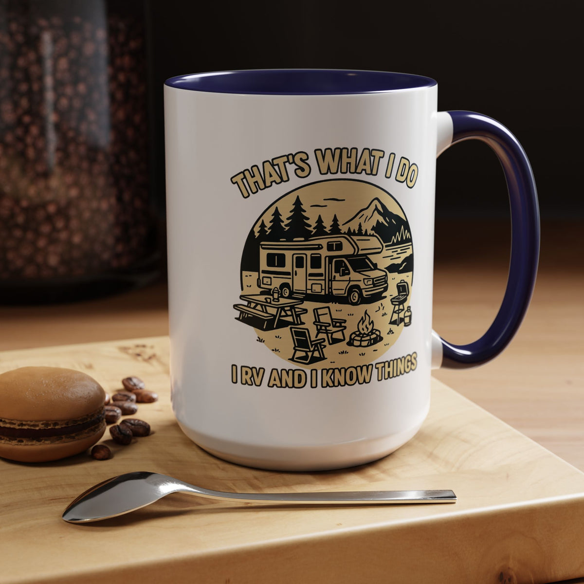 Thats What I Do I RV and I Know Things ceramic RV mug with a Class C parked lakeside with mountains and camping gear