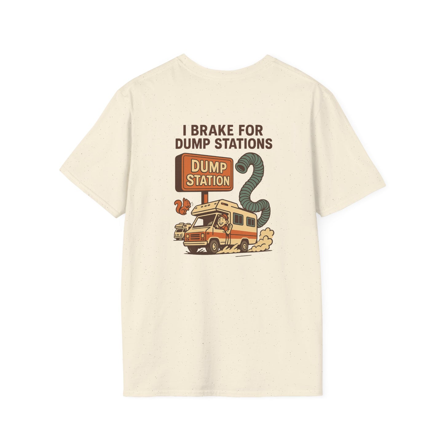 I Brake for Dump Stations – Funny Retro RV T-Shirt with Pocket Logo
