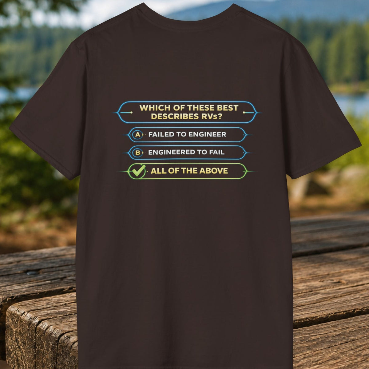 Engineered to Fail or Failed to Engineer RV t-shirt with the RV Quiz on the back and a vintage RV park sign on the chest