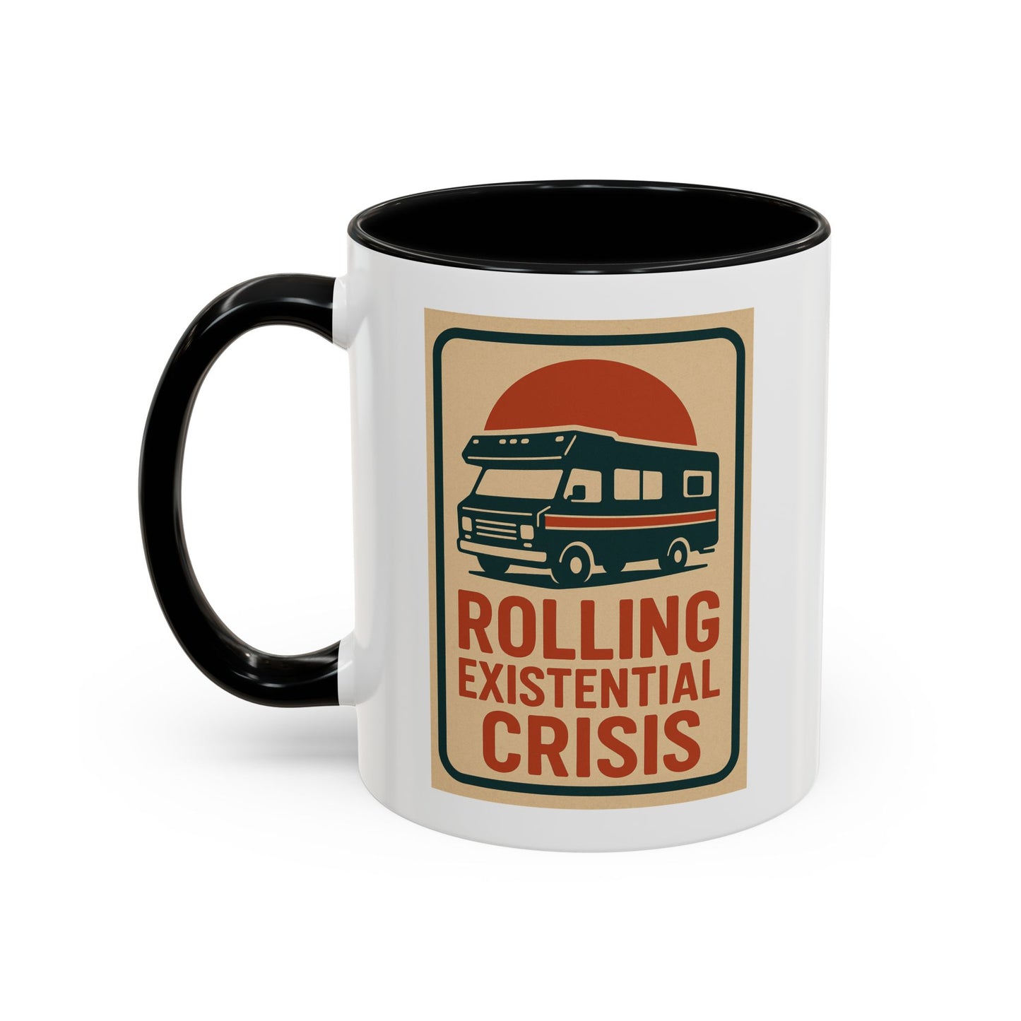 Rolling Existential Crisis RV Mug – Retro Camper Life Humor for Nomads, Vanlifers, and Burnt-Out Travelers