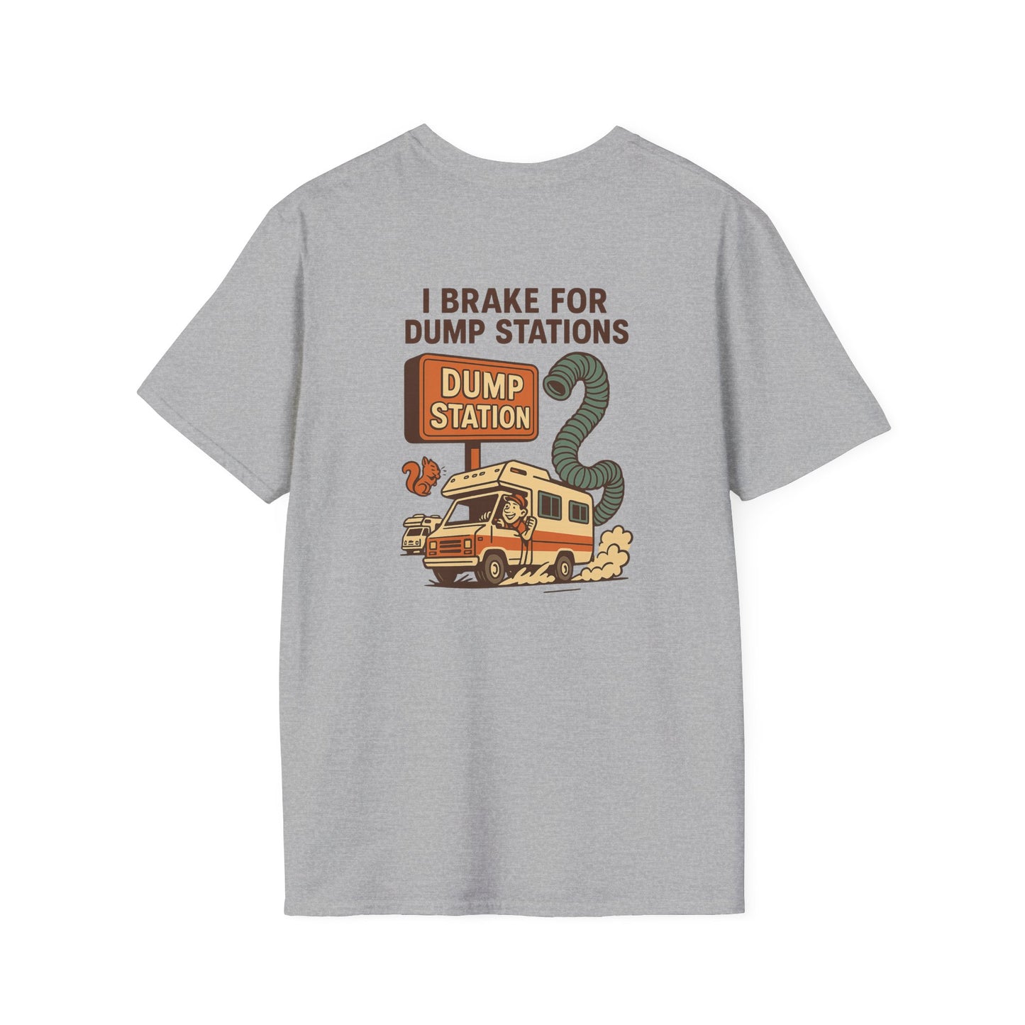 I Brake for Dump Stations – Funny Retro RV T-Shirt with Pocket Logo
