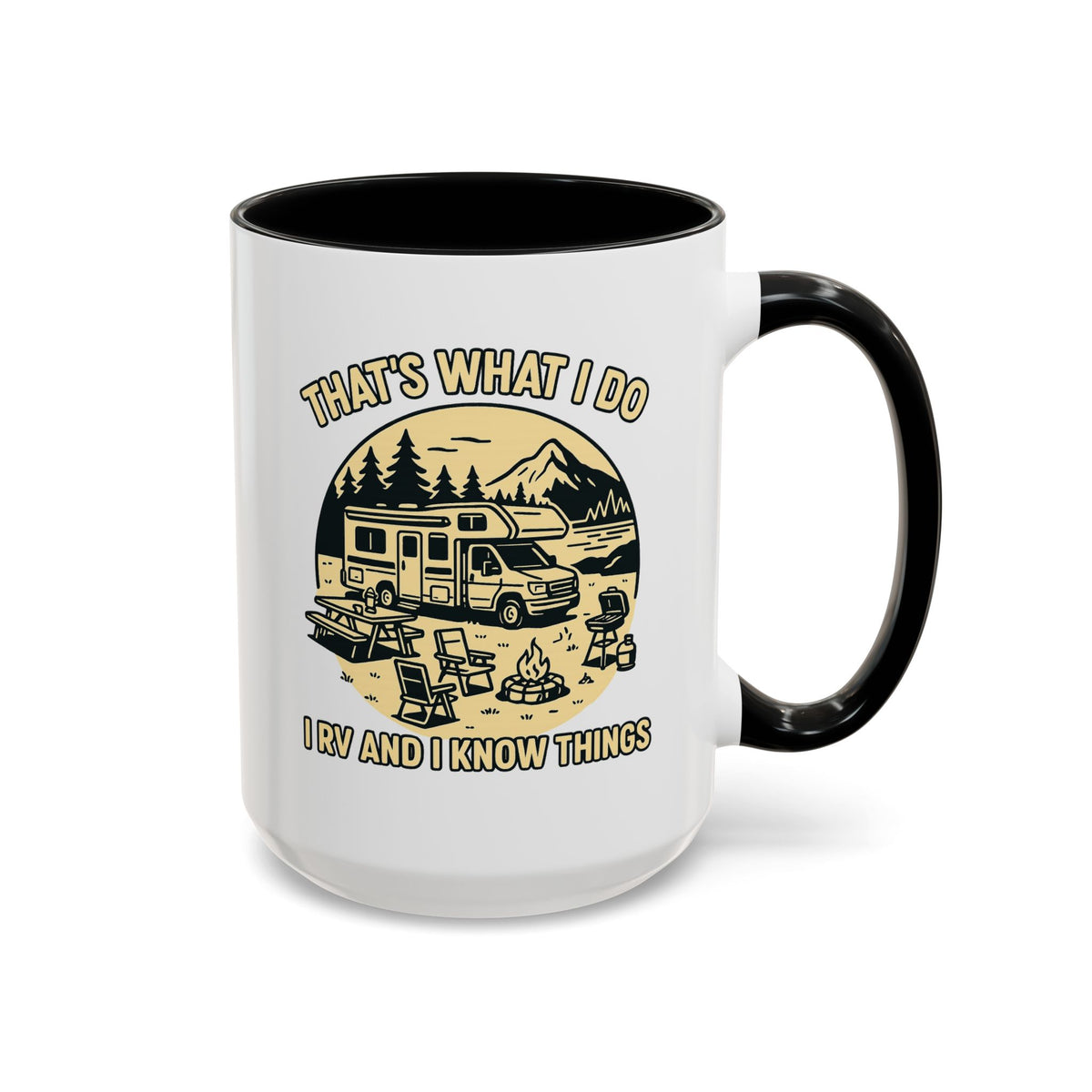 Thats What I Do I RV and I Know Things ceramic RV mug with a Class C parked lakeside with mountains and camping gear