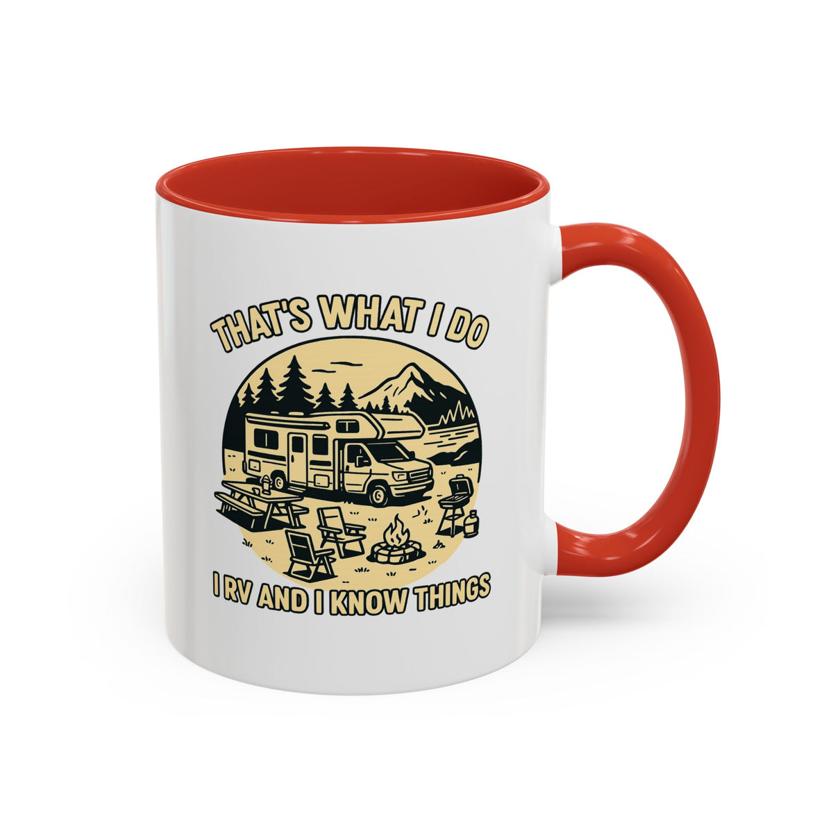 Thats What I Do I RV and I Know Things ceramic RV mug with a Class C parked lakeside with mountains and camping gear