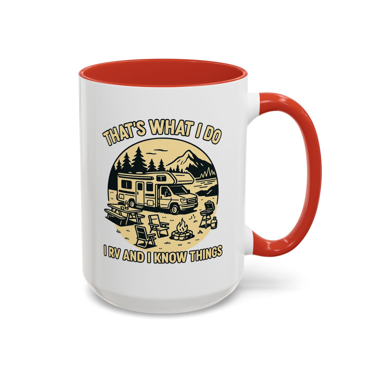Thats What I Do I RV and I Know Things ceramic RV mug with a Class C parked lakeside with mountains and camping gear