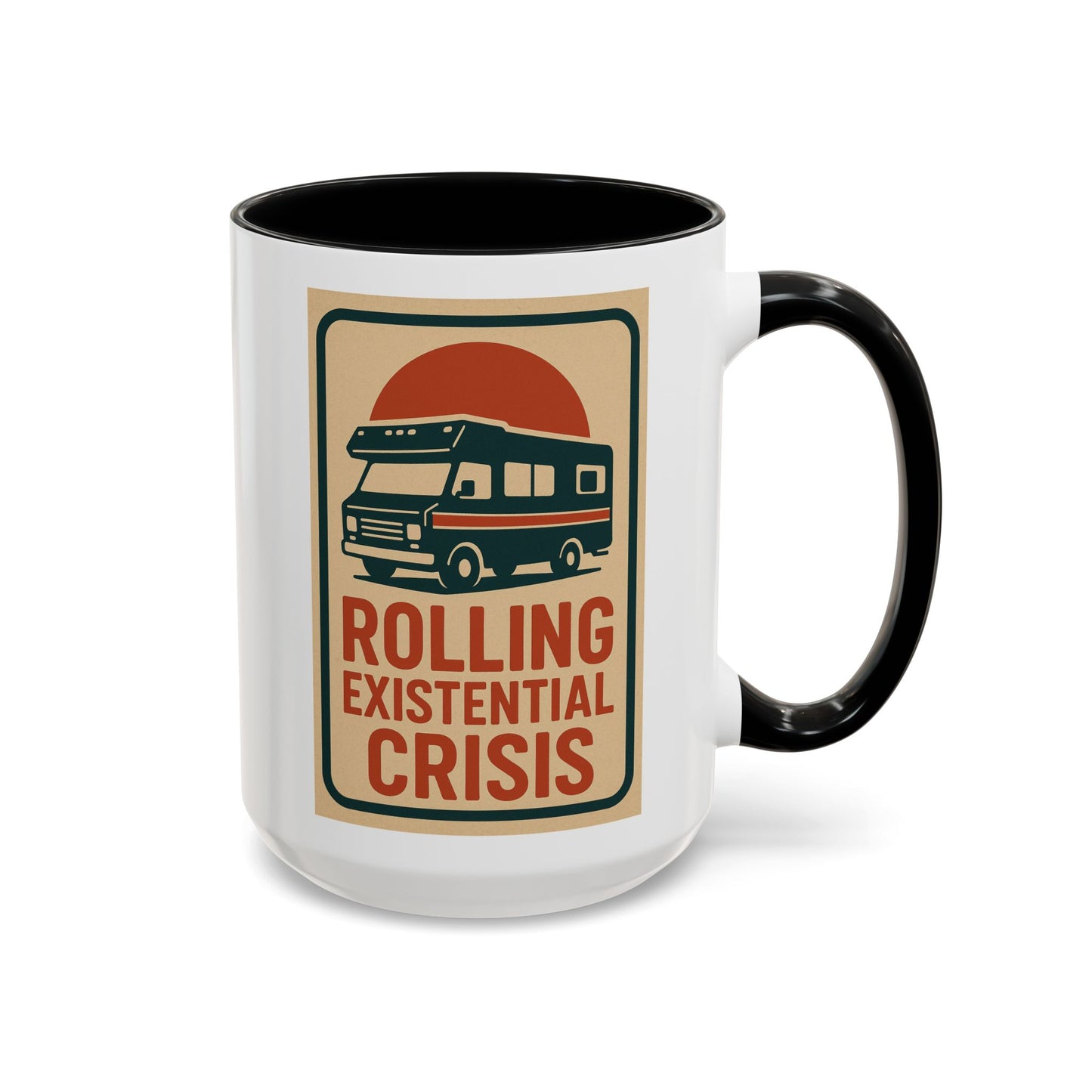 Rolling Existential Crisis RV Mug – Retro Camper Life Humor for Nomads, Vanlifers, and Burnt-Out Travelers