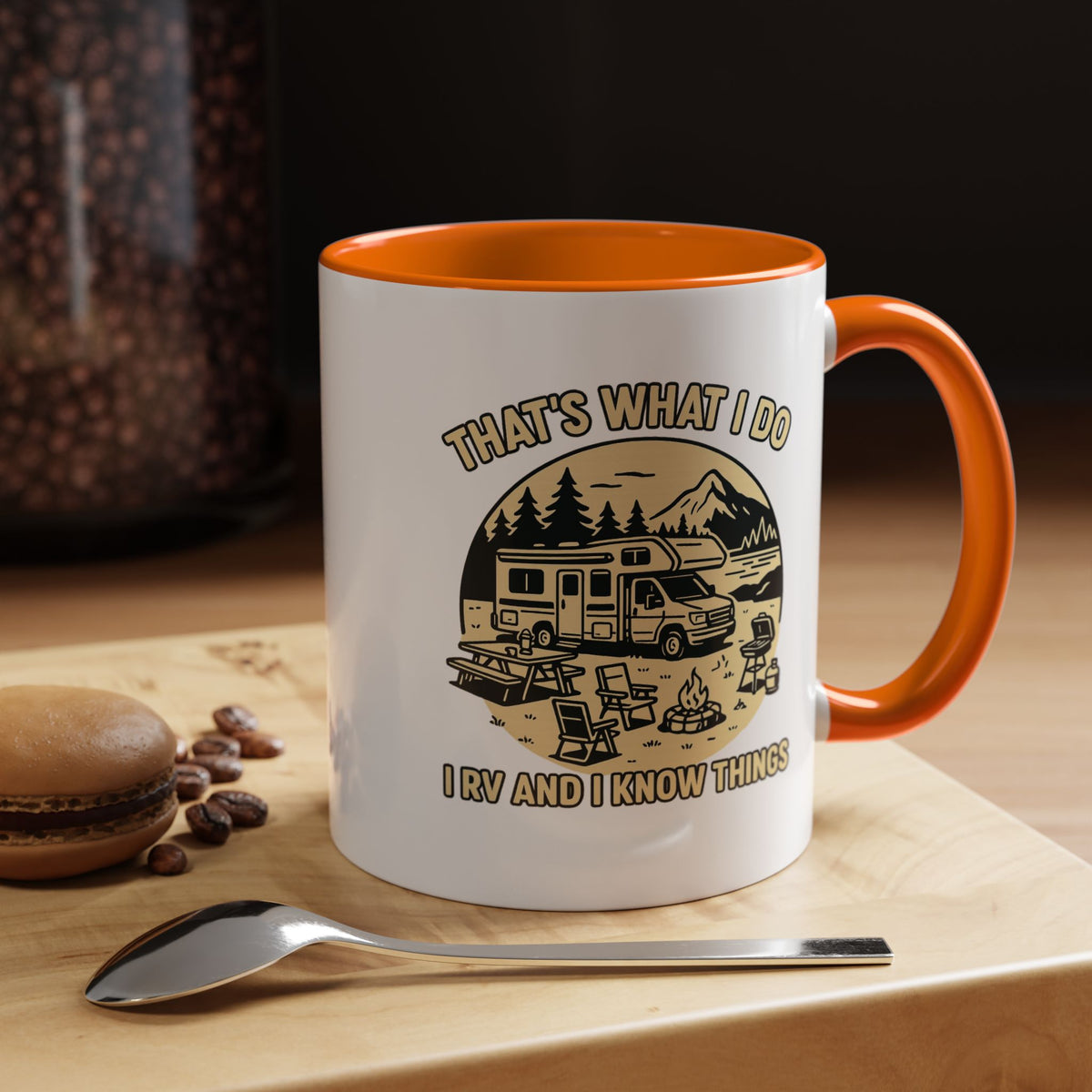 Thats What I Do I RV and I Know Things ceramic RV mug with a Class C parked lakeside with mountains and camping gear