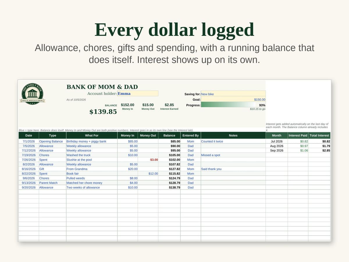 Bank of Mom & Dad: Kids Savings Account Spreadsheet That Pays Interest