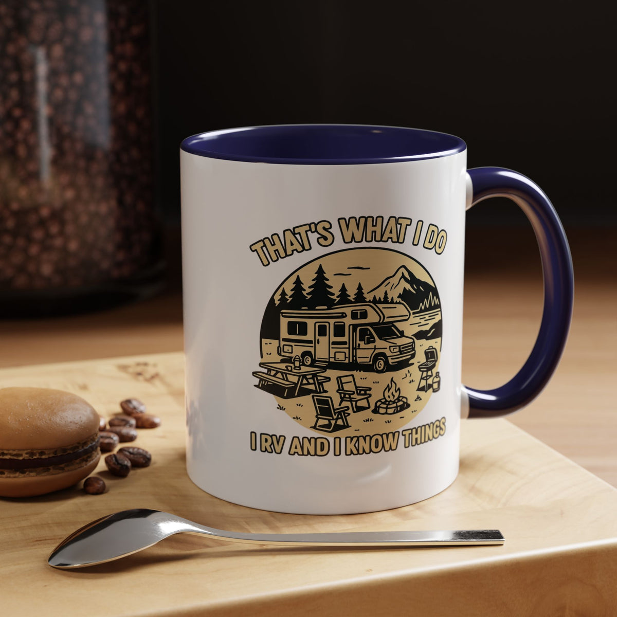 Thats What I Do I RV and I Know Things ceramic RV mug with a Class C parked lakeside with mountains and camping gear