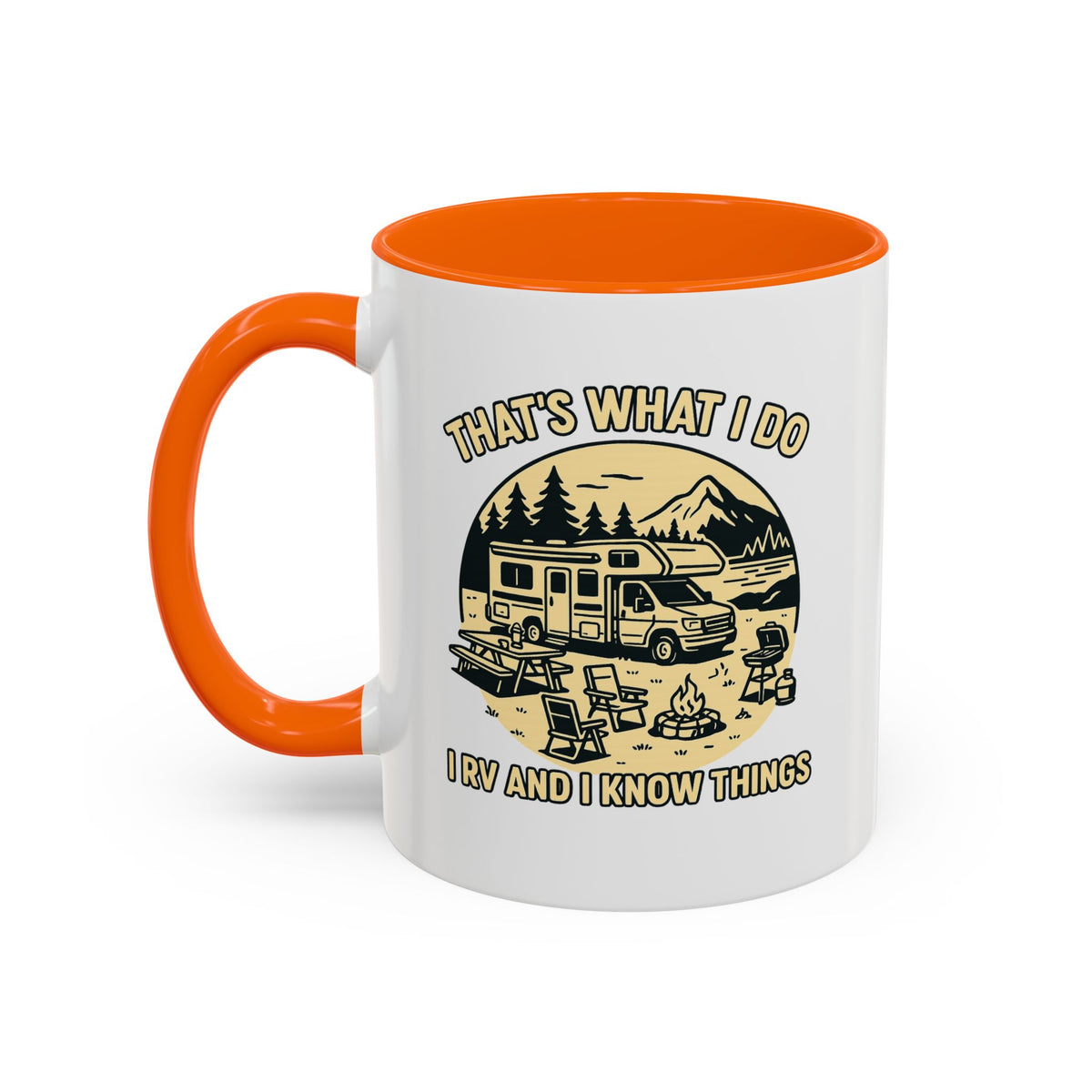 Thats What I Do I RV and I Know Things ceramic RV mug with a Class C parked lakeside with mountains and camping gear