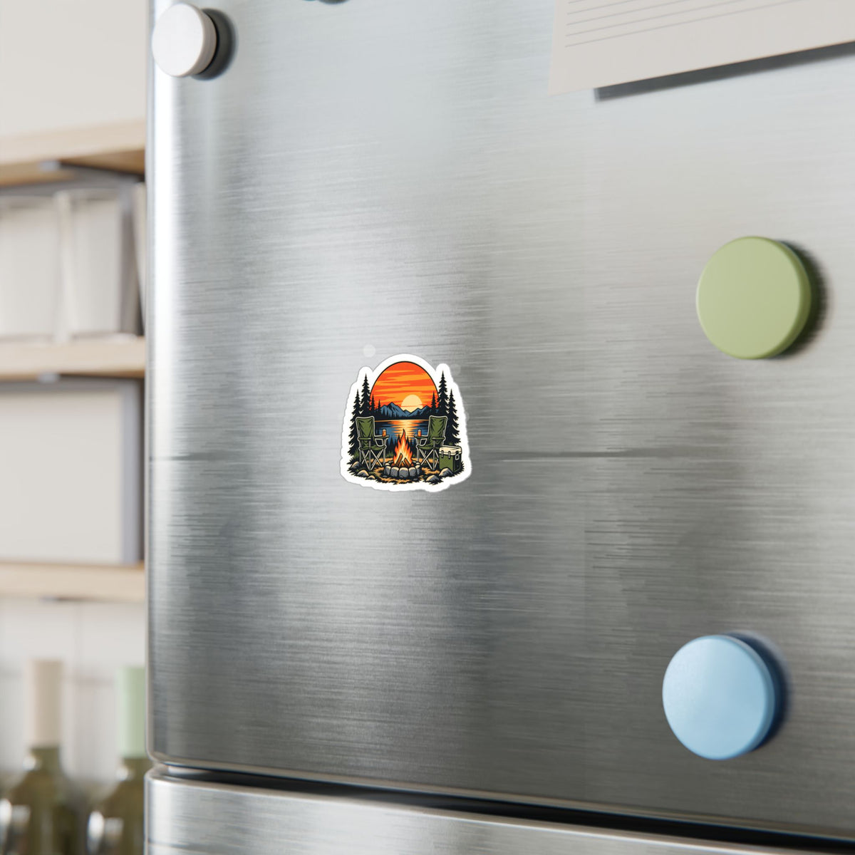 Campfire Sunset Badge vinyl sticker shown in use