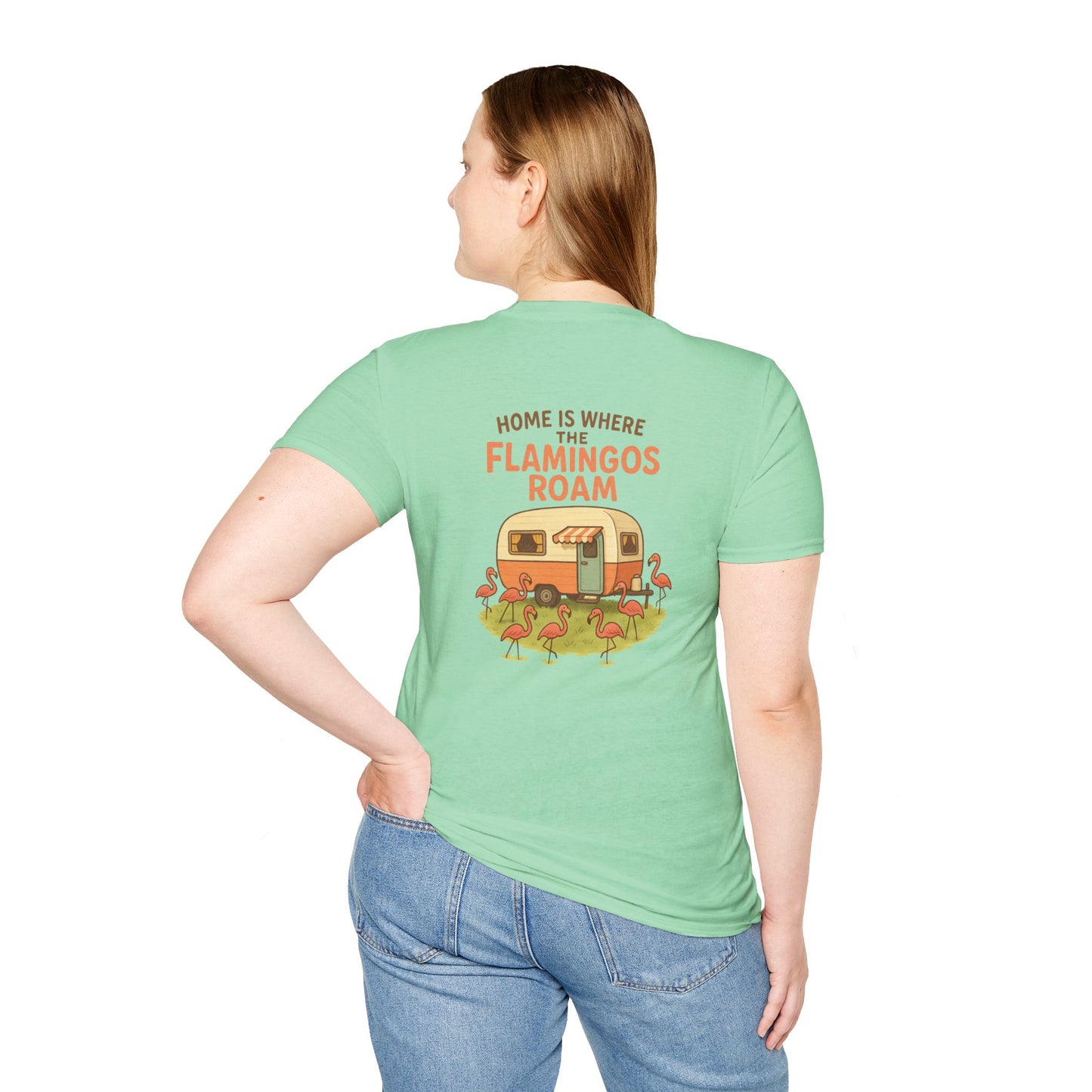 Home Is Where the Flamingos Roam – Retro RV Camping T-Shirt