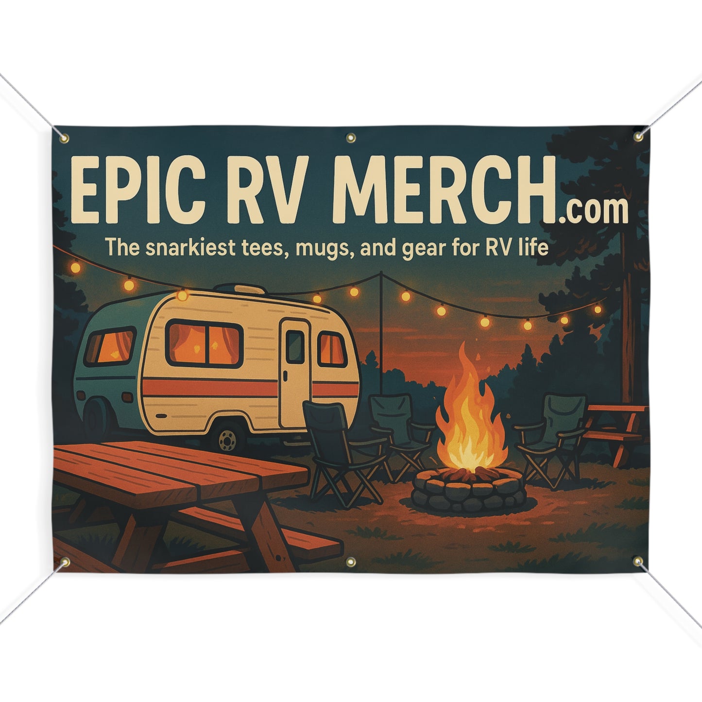 Epic RV Merch Campfire Scene Banner – 48x36 Horizontal