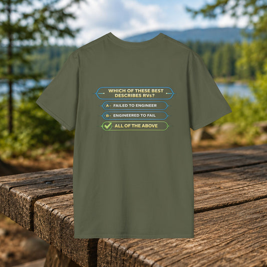 Funny RV Quiz T-Shirt - "Engineered to Fail or Failed to Engineer?"