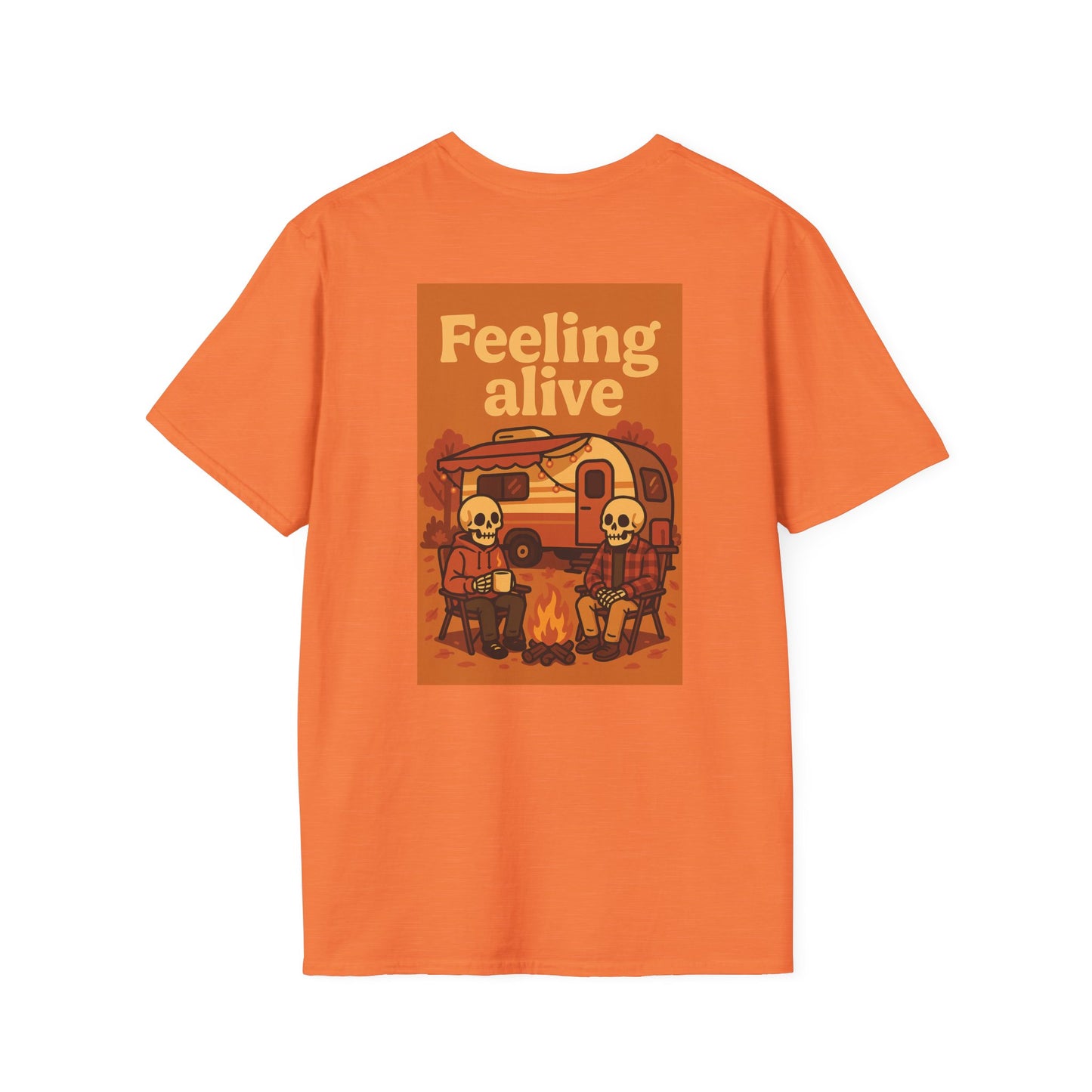 Orange t-shirt with a graphic design of two skeletons by a campfire and text 'Feeling alive' on a white background.