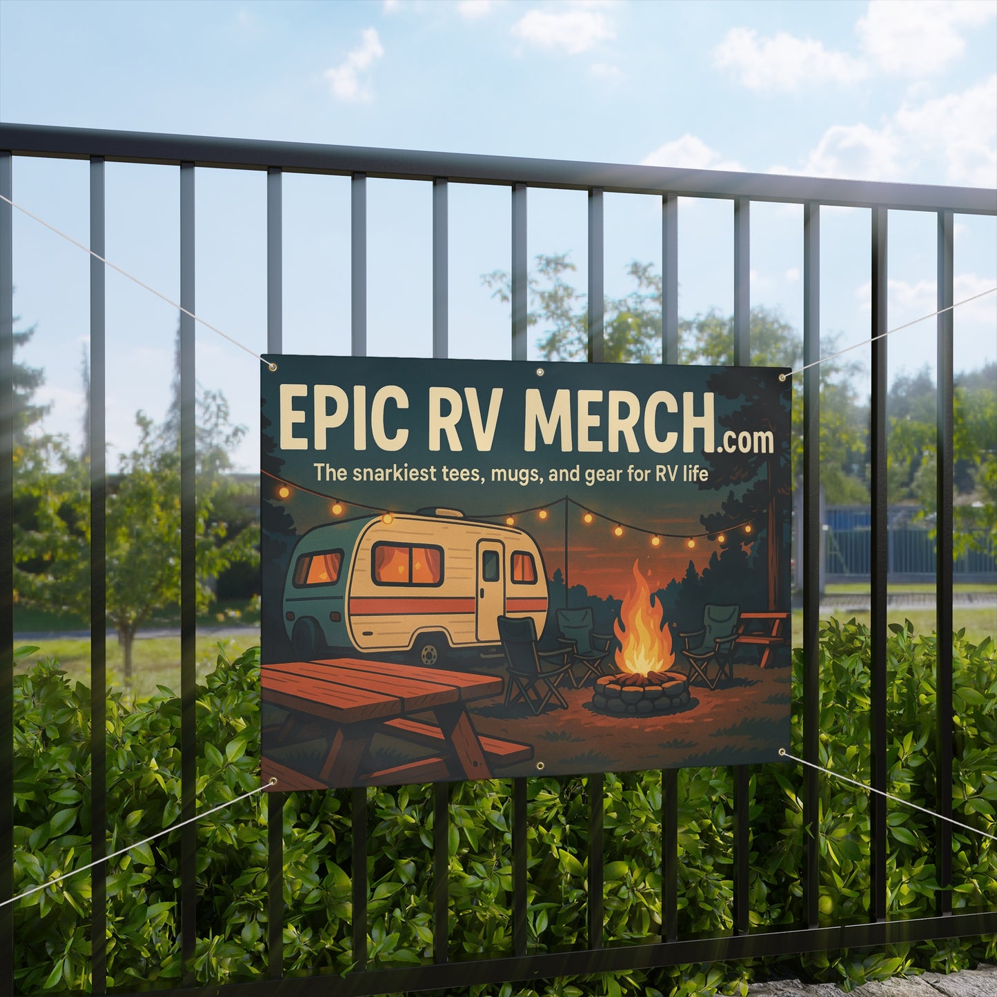 Epic RV Merch Campfire Scene Banner – 48x36 Horizontal