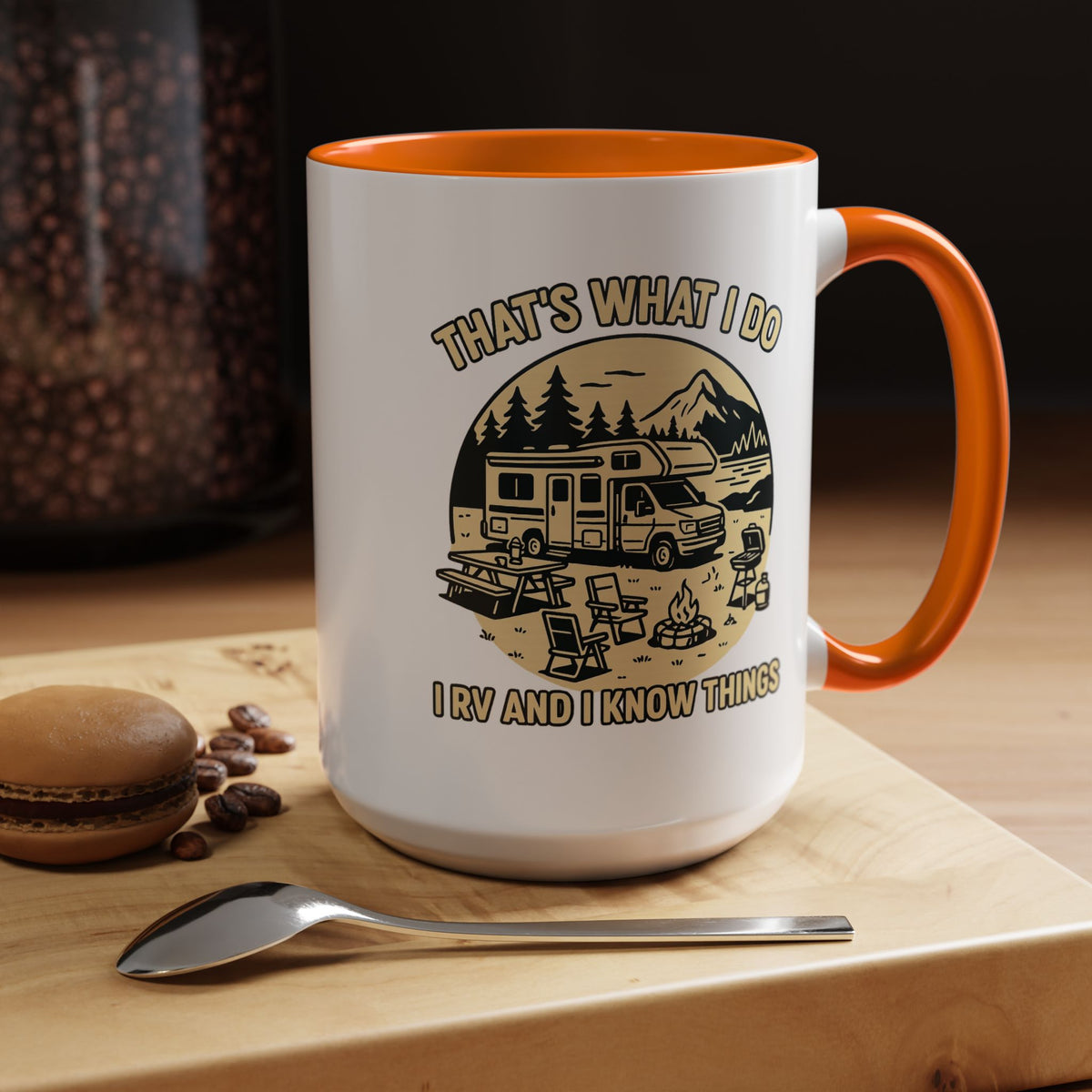 Thats What I Do I RV and I Know Things ceramic RV mug with a Class C parked lakeside with mountains and camping gear