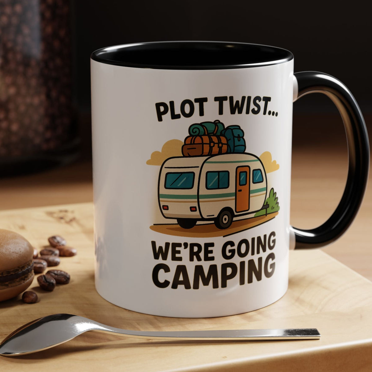 Plot Twist Were Going Camping ceramic RV mug with an overloaded camper packed and ready to roll
