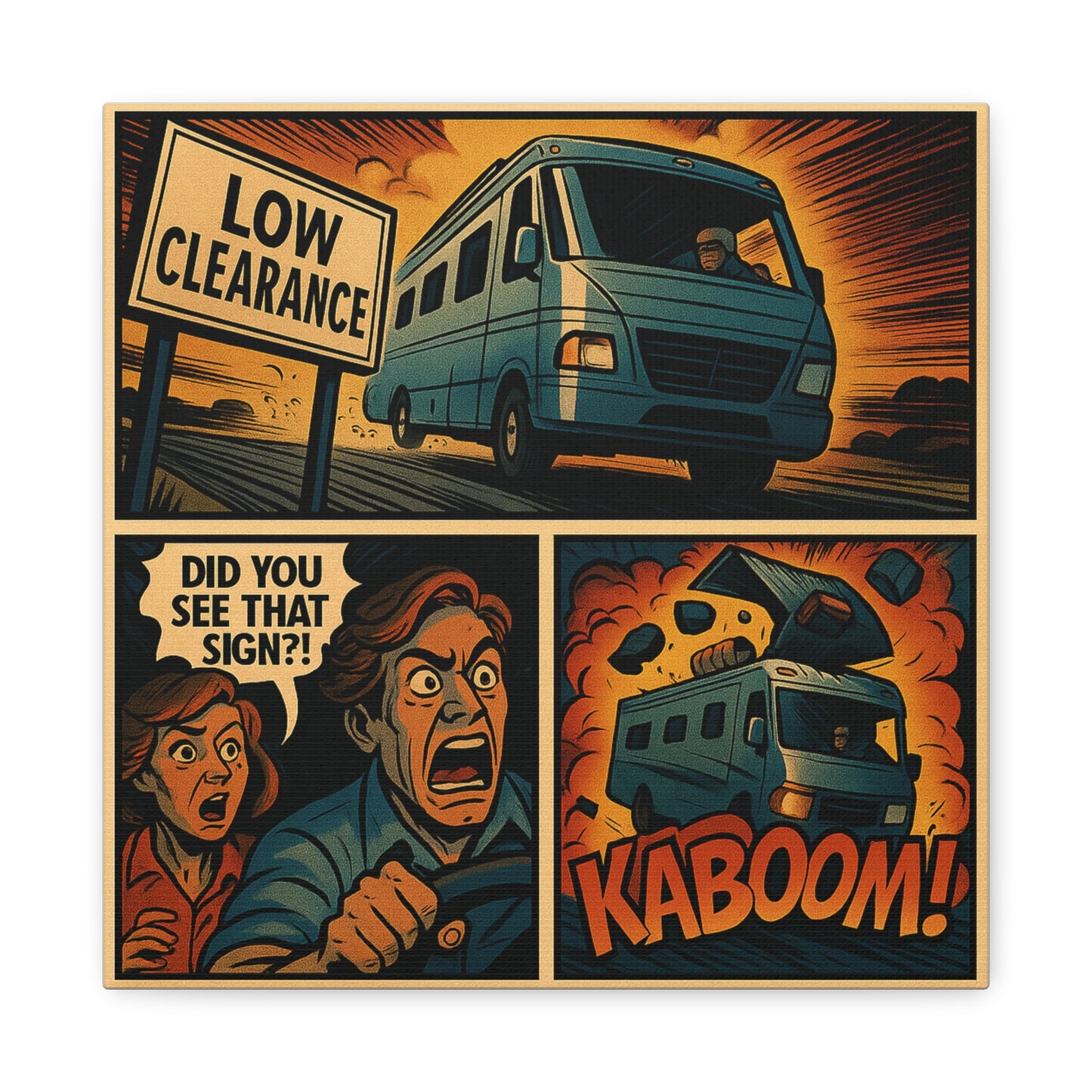 "Did You See That Sign?!" – RV Disaster Comic Canvas