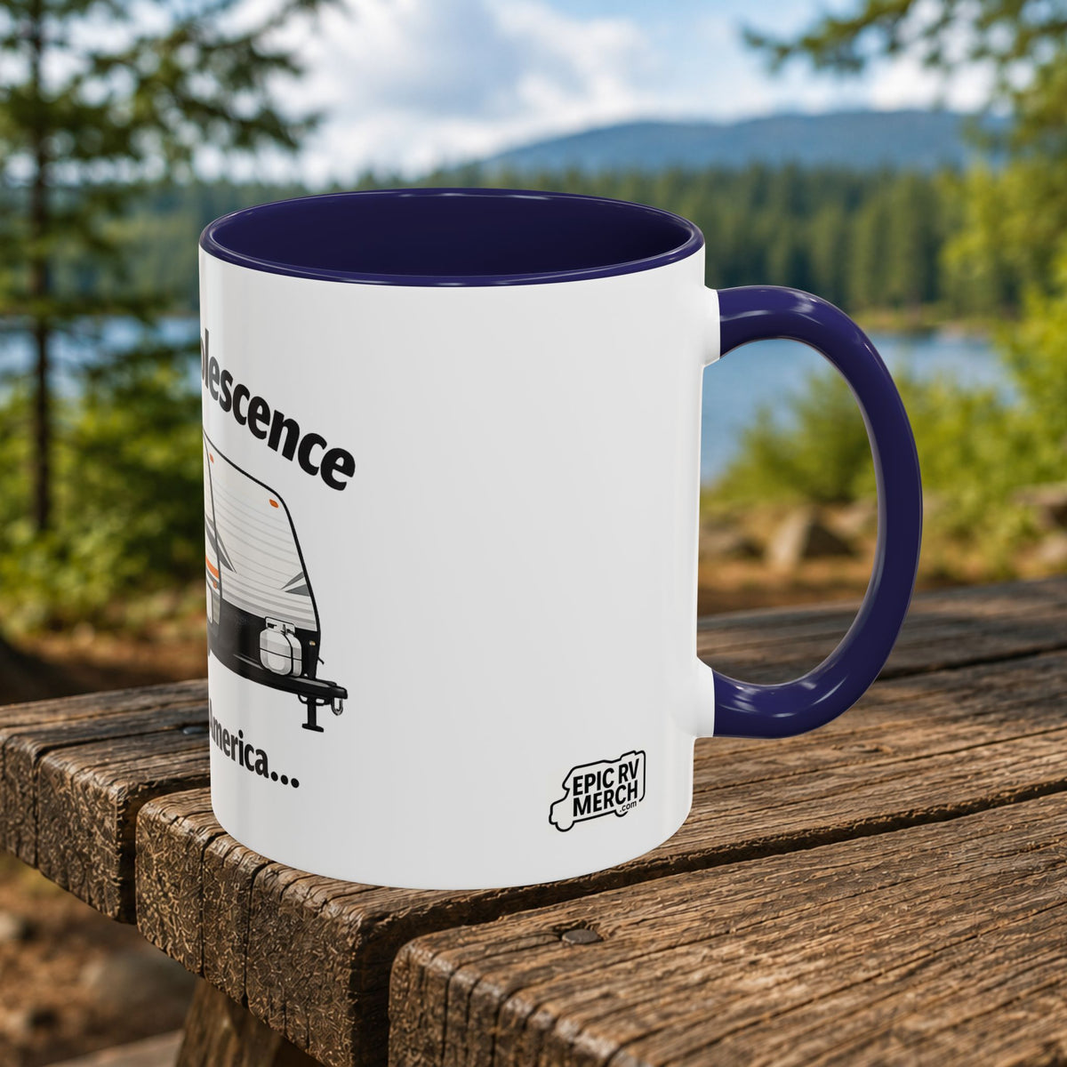 Planned Obsolescence ceramic RV mug with a travel trailer illustration and a bold headline about repair bills