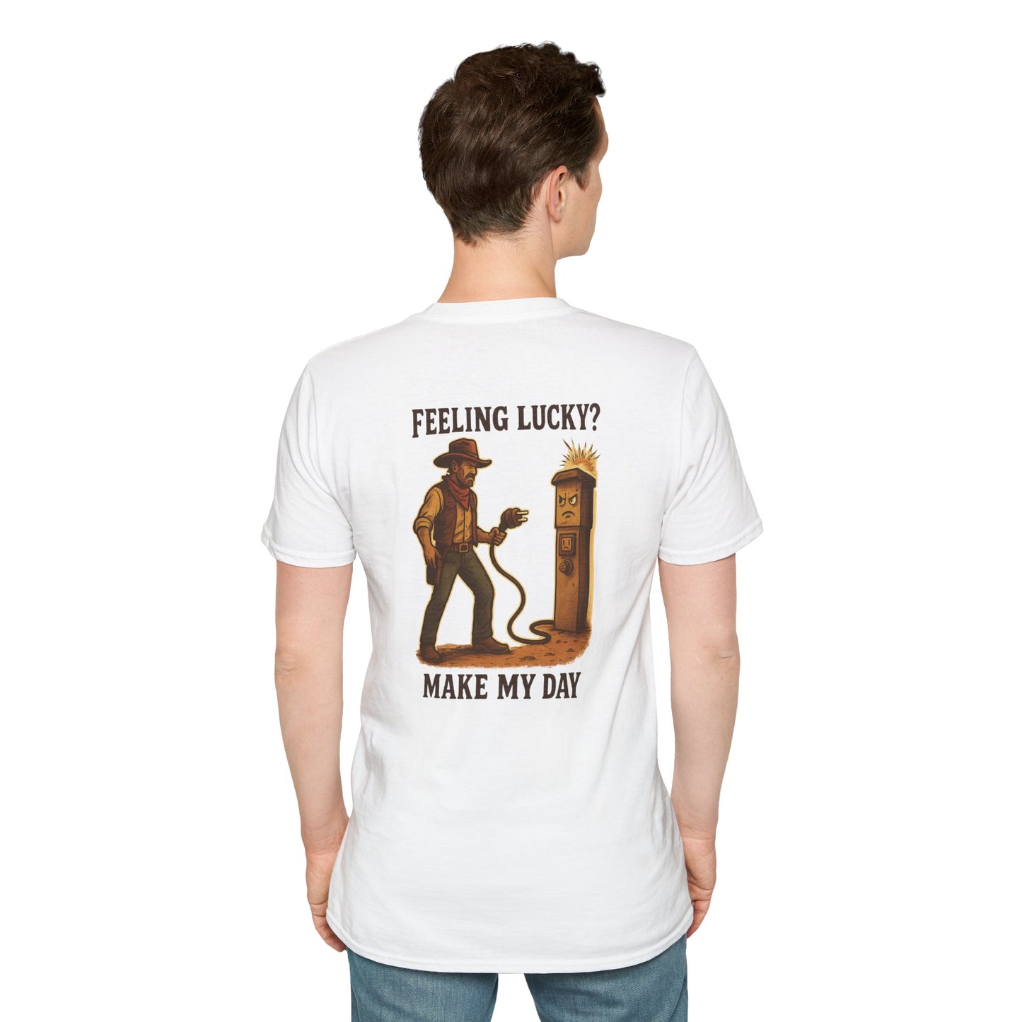 Feeling Lucky? – RV Cowboy Showdown T-Shirt with Retro Pocket Logo