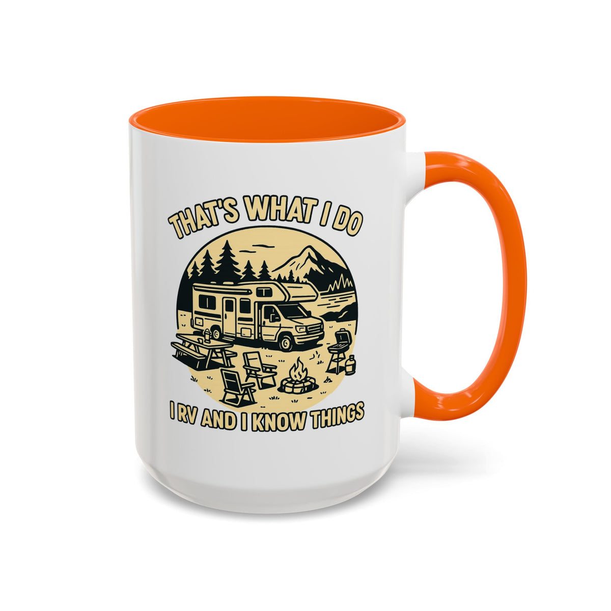 Thats What I Do I RV and I Know Things ceramic RV mug with a Class C parked lakeside with mountains and camping gear