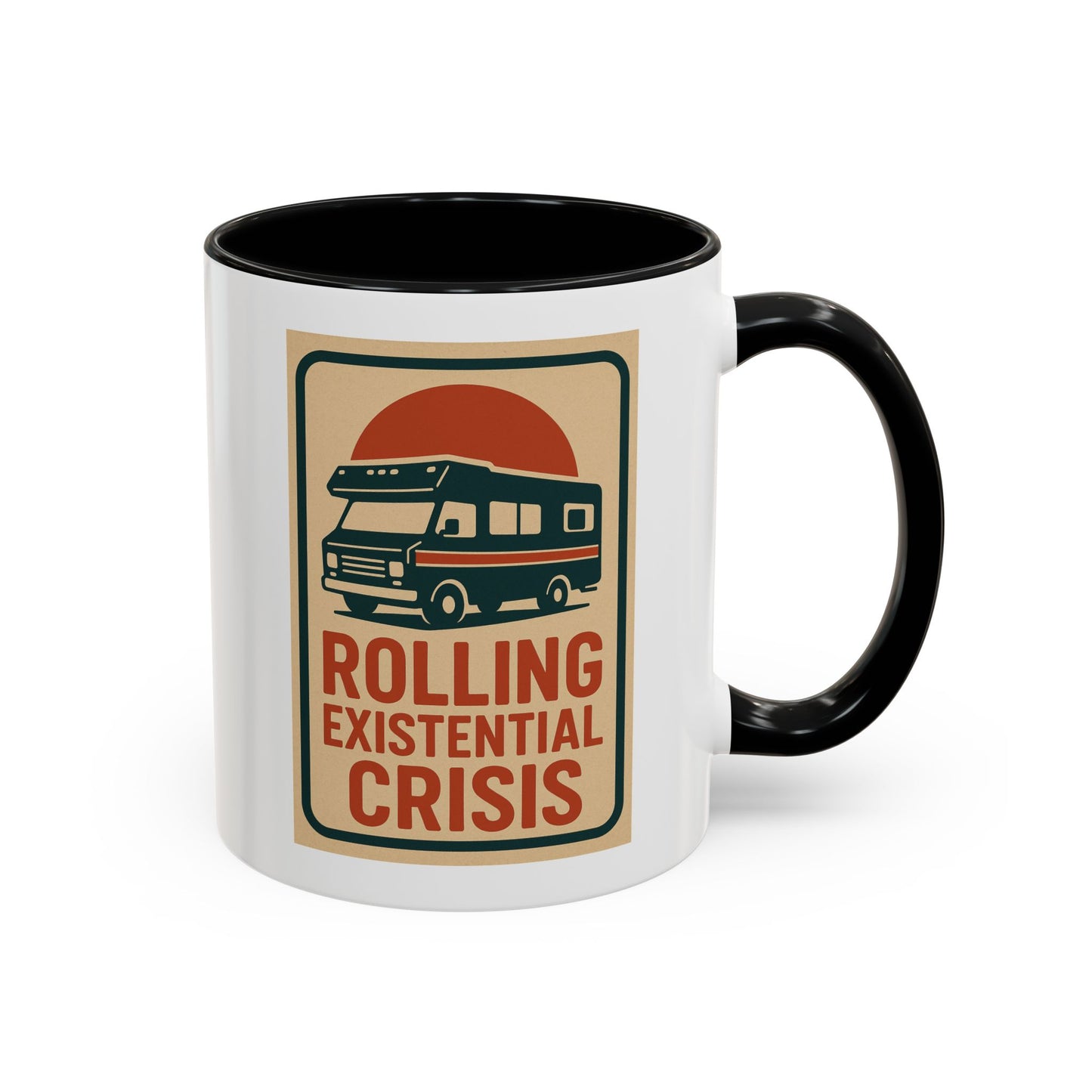 Rolling Existential Crisis RV Mug – Retro Camper Life Humor for Nomads, Vanlifers, and Burnt-Out Travelers
