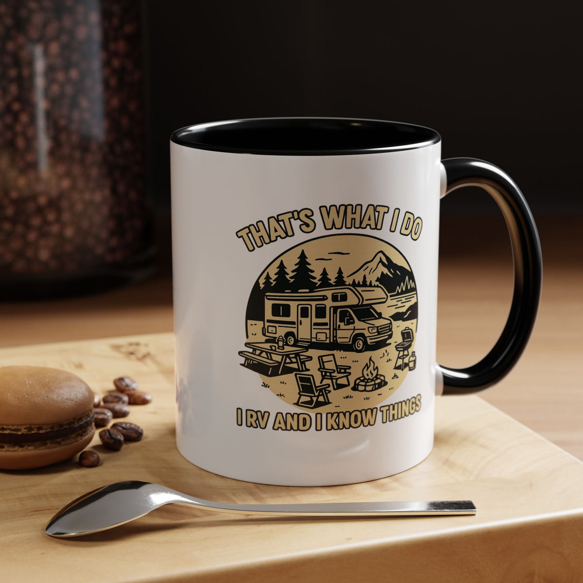 Thats What I Do I RV and I Know Things ceramic RV mug with a Class C parked lakeside with mountains and camping gear
