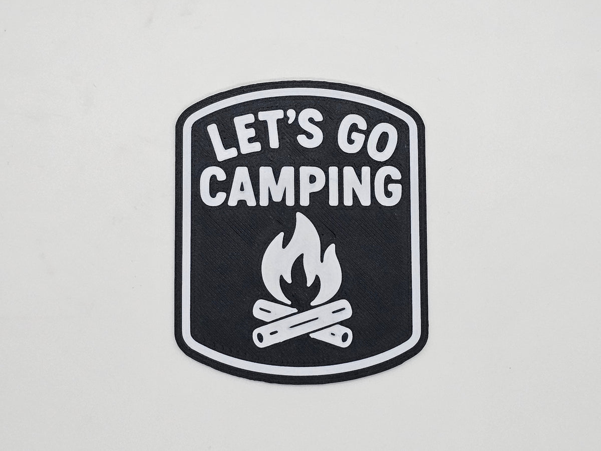 Black and white Let's Go Camping campfire RV magnet