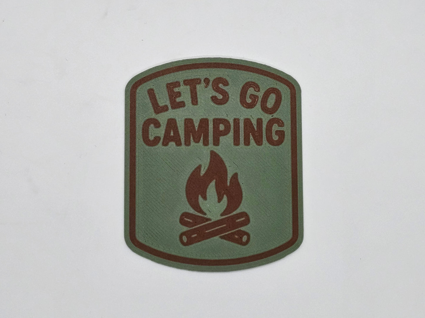 Olive and rust Let's Go Camping campfire RV magnet