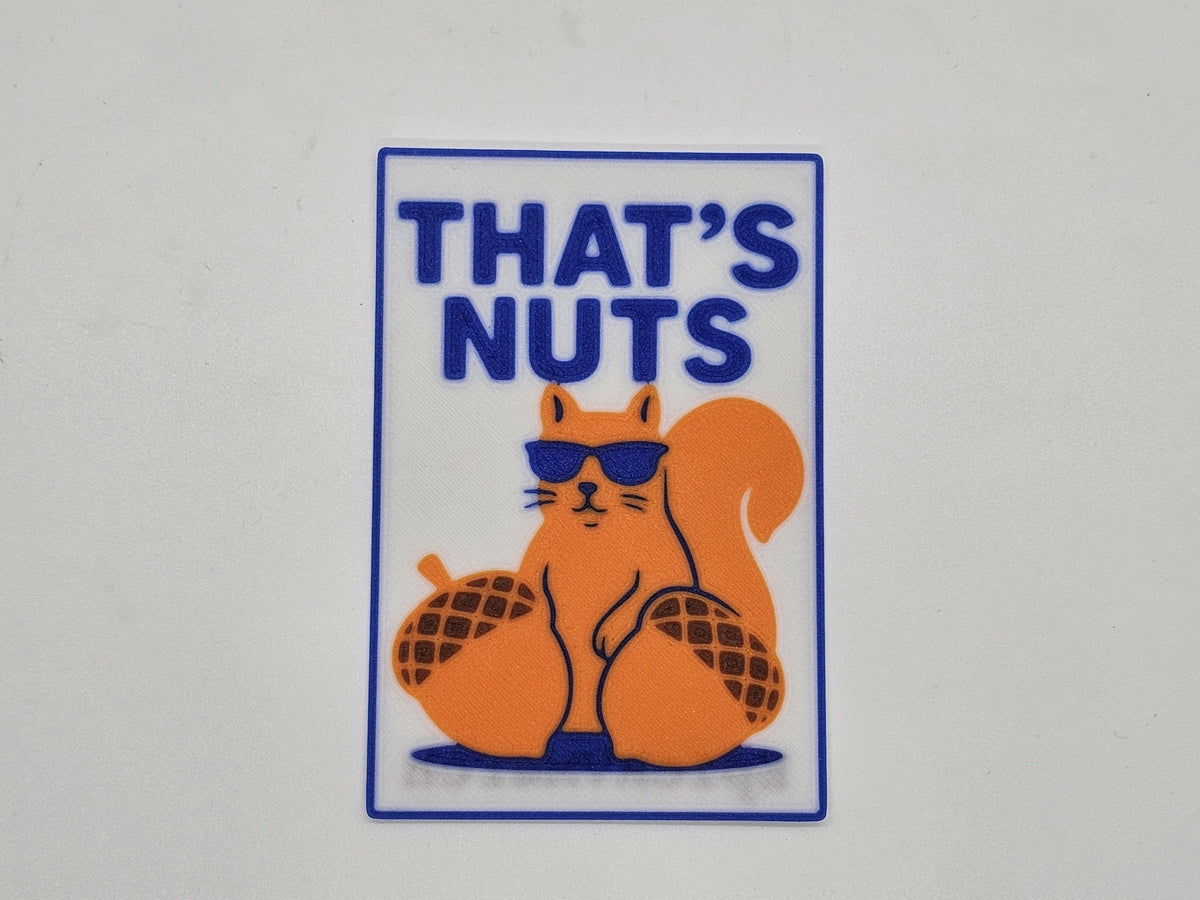 White, blue, and orange That's Nuts squirrel magnet with sunglasses and acorns