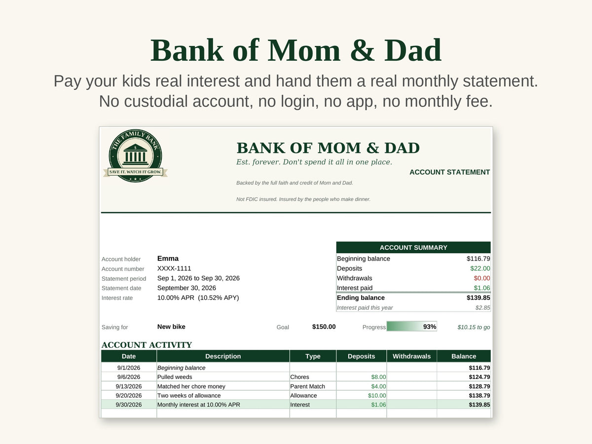Bank of Mom & Dad: Kids Savings Account Spreadsheet That Pays Interest