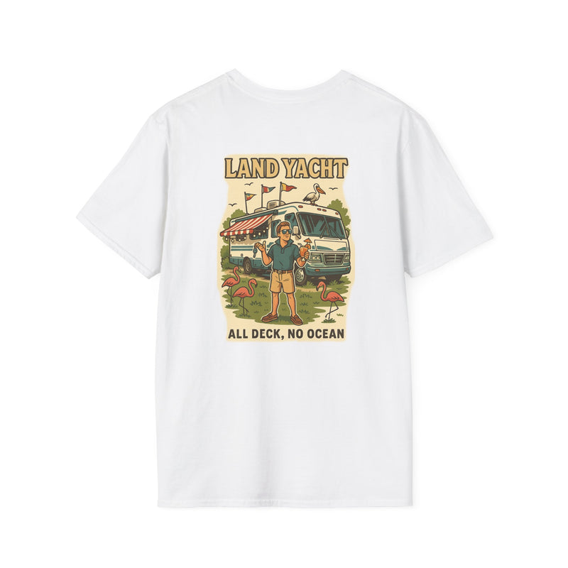 Land Yacht RV t-shirt with a proud RV captain in boat shoes beside his rig, flamingos and party flags, and no ocean