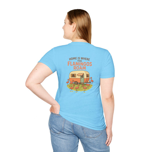 Home Is Where the Flamingos Roam – Retro RV Camping T-Shirt