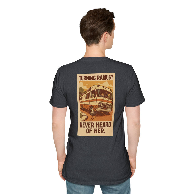 Turning Radius Never Heard of Her RV t-shirt with a vintage Class A motorhome cutting a corner too tight