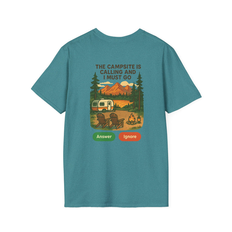 The Campsite Is Calling camping t-shirt with two empty Adirondack chairs by a fire at golden hour and answer or ignore call buttons