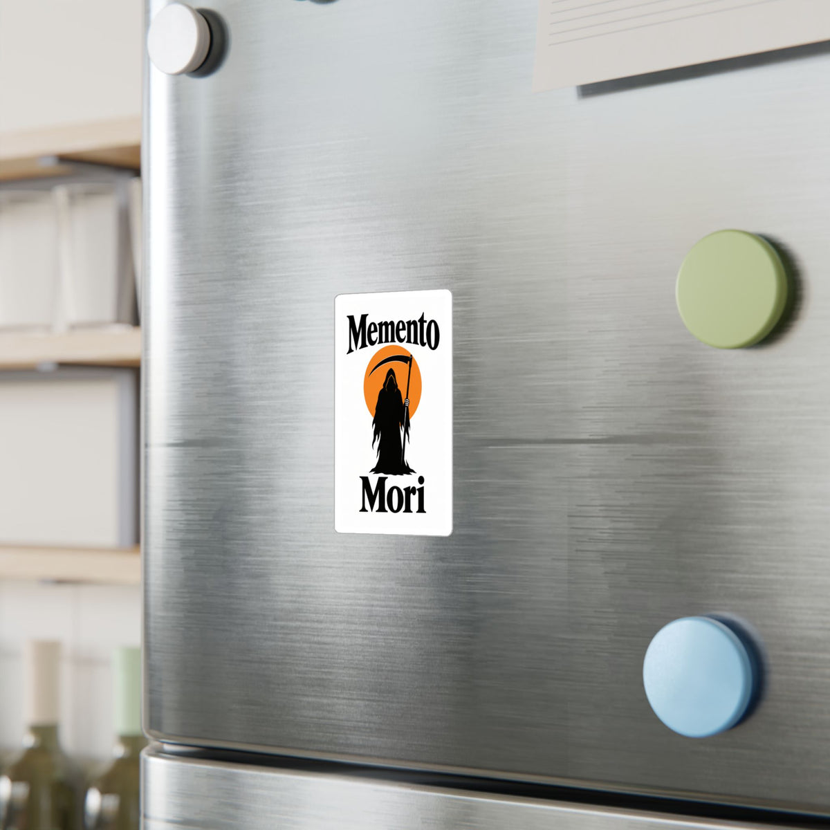 Memento Mori grim reaper vinyl sticker applied to a refrigerator