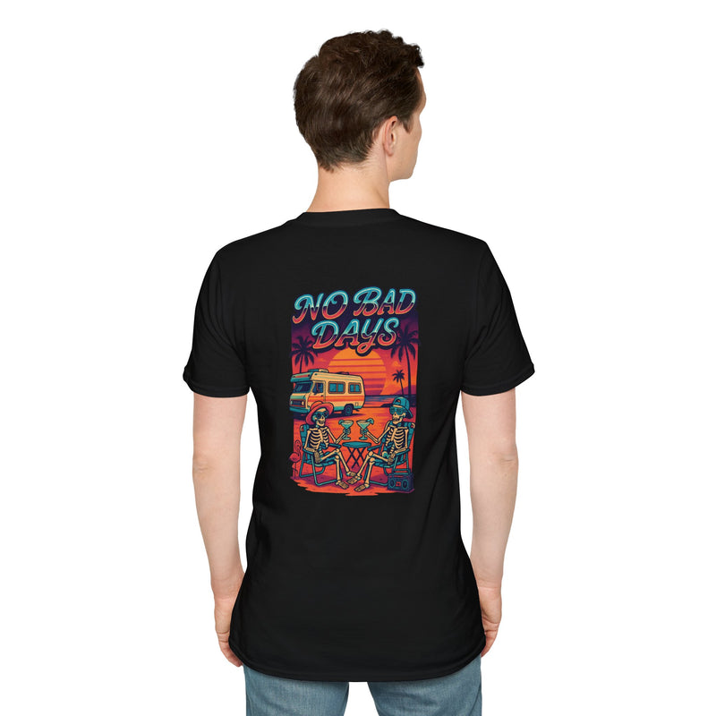 No Bad Days RV t-shirt with two skeletons in folding chairs outside a motorhome at sunset under neon palm trees
