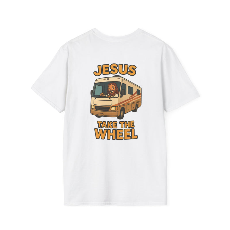 Jesus Take The Wheel RV t-shirt with Jesus driving a Class A motorhome