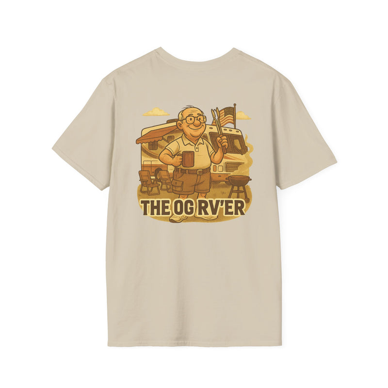 The OG RVer RV t-shirt with a vintage illustration of a grizzled RV veteran holding a coffee mug