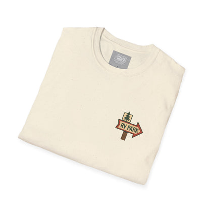 I Brake for Dump Stations – Funny Retro RV T-Shirt with Pocket Logo