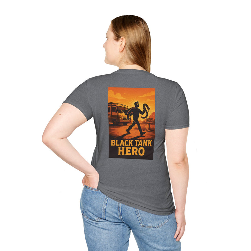 Black Tank Hero RV t-shirt with a heroic silhouette against a sunset raising a sewer hose like a sword