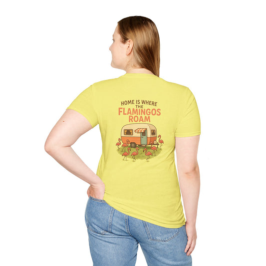 Home Is Where the Flamingos Roam – Retro RV Camping T-Shirt